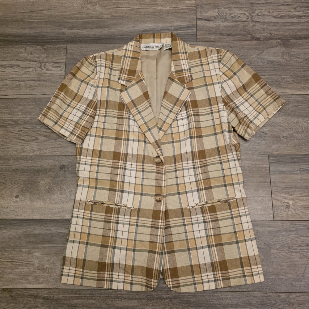 Vtg Blazer Fundamental Things Short Sleeve Earth Tone Plaid Two Button Front